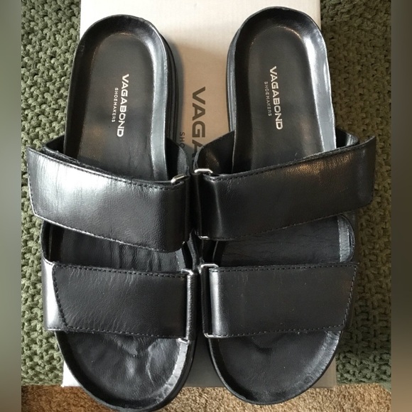 NIB Vagabond Women’s Black Leather Slide Sandals, Dual Band Hook & Loop; Size 37 - Picture 2 of 7